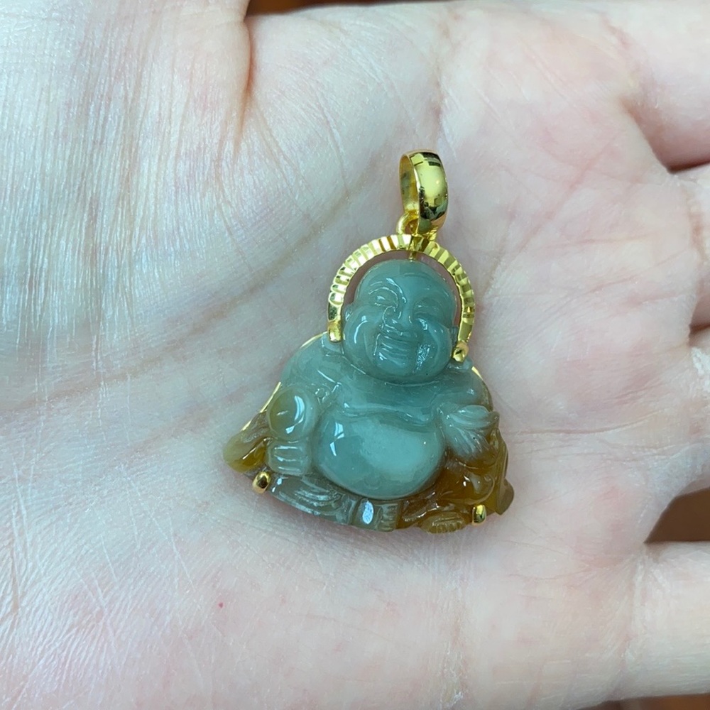 14k Gold Natural Jadeite Jade Male Buddha Pendant